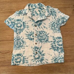 Crewcuts White and Teal Tie-Dye Short Sleeve Button-Down Shirt Cotton Gauze
